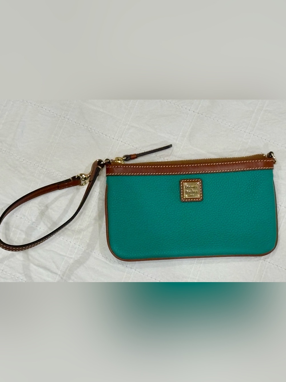 Dooney & Bourke Teal Pebbled Leather Wristlet with Brown Trim